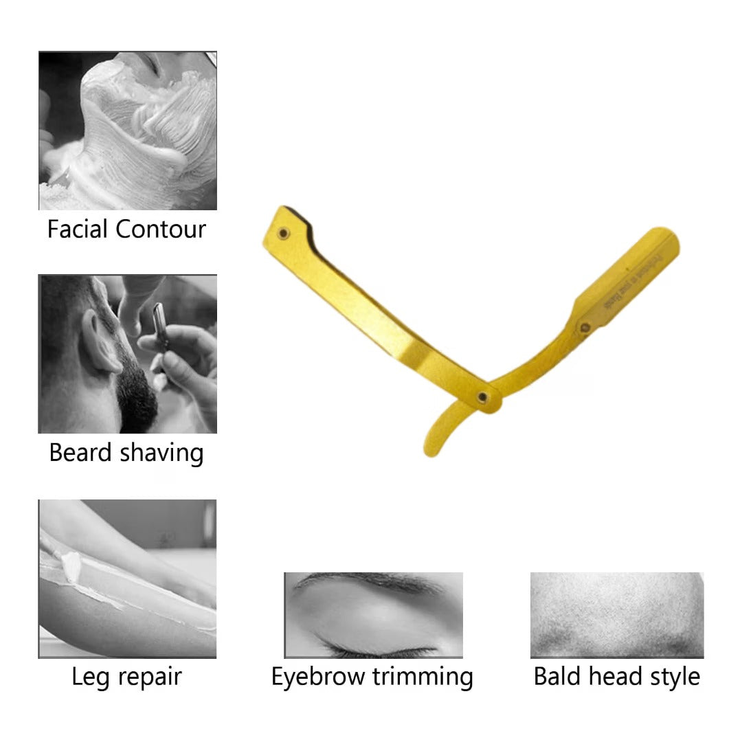 Golden Professional Straight Razor Ustra for Men | Elegant Barber Shaving Razor | Reusable Folding Beard Shaper & Salon Grooming Tool
