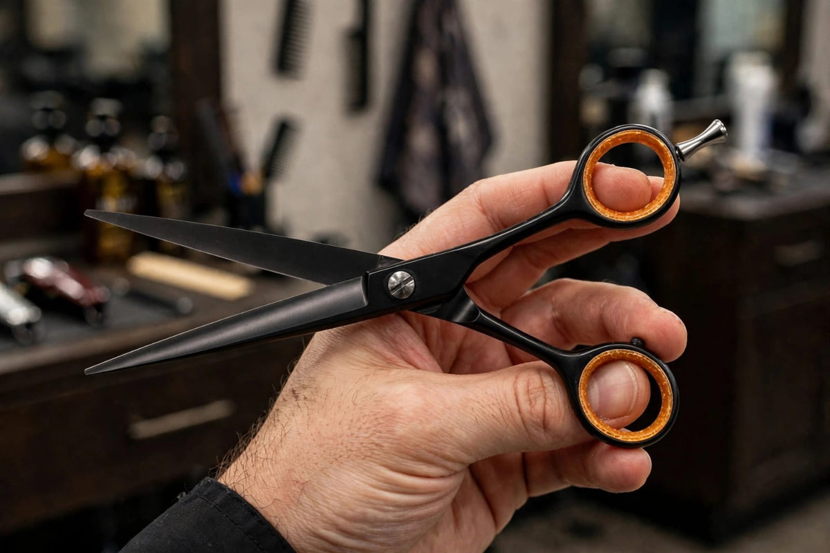 Professional Barber Scissors 7.5 Inch - Matte Black with Orange Ring | 440C Stainless Steel Hair Cutting Shear