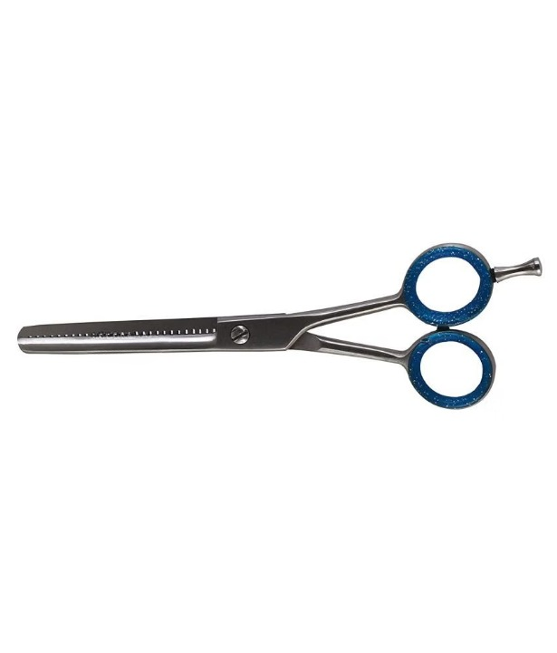 Hair cutting scissors with blue handles on a white background
