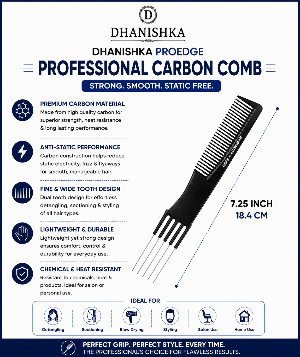 An informational product graphic for the Dhanishka Proedge Professional Carbon Comb. The black comb is shown diagonally on a white background with multiple feature callouts and icons detailing its strong, smooth, static-free, and anti-static qualities.