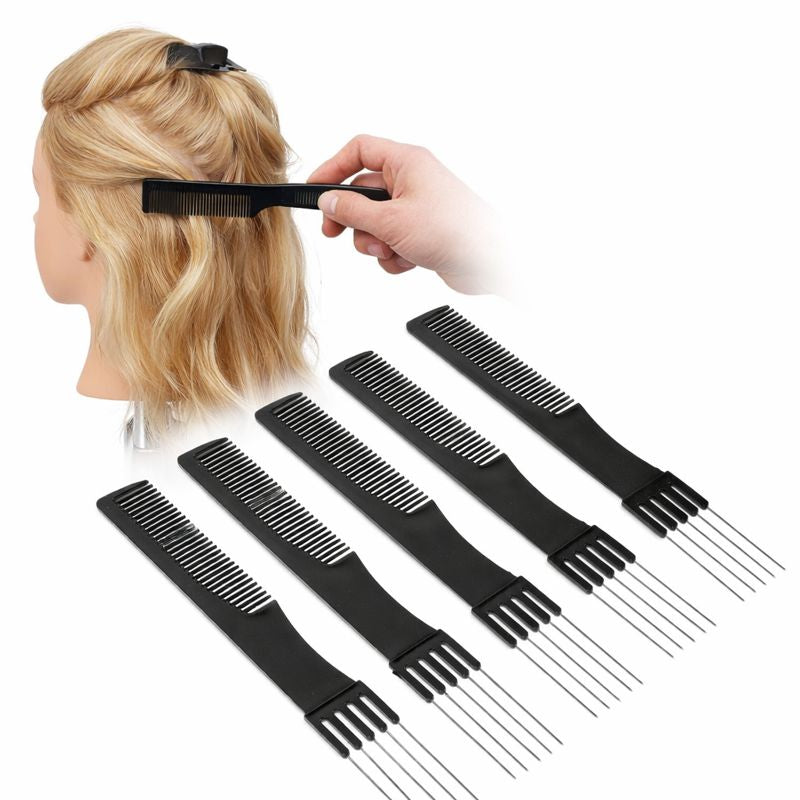 Set of black hair styling combs with a mannequin head and hand holding a comb.