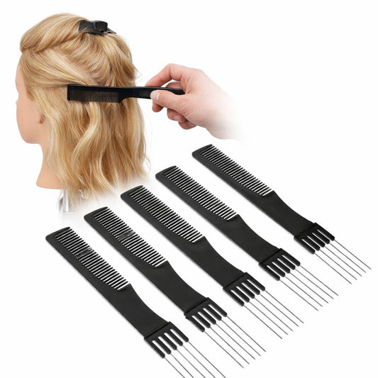 Set of black hair styling combs with a mannequin head and hand holding a comb.